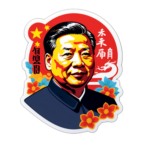 Sticker cu Xi Jinping și elemente simbolizând China modernă