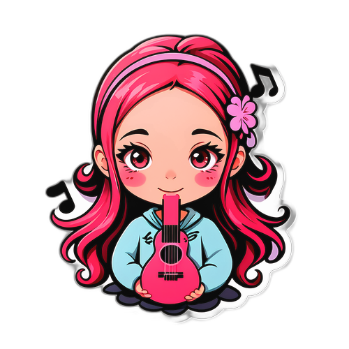 Στιicker σχεδίασης με κορίτσι που κοκκινίζει, περιτριγυρισμένο από μουσικές νότες