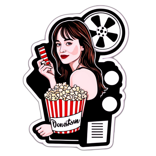 Pemainan Lencana Dakota Johnson dengan Latar Belakang Gulungan Filem