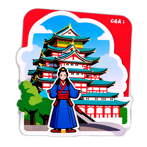 名古屋城の前でポーズをとるキャラクター