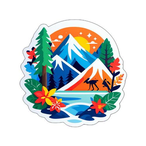 Doğa Dostu Tropikal ve Kış Unsurlarını Birleştiren Sticker Tasarımı