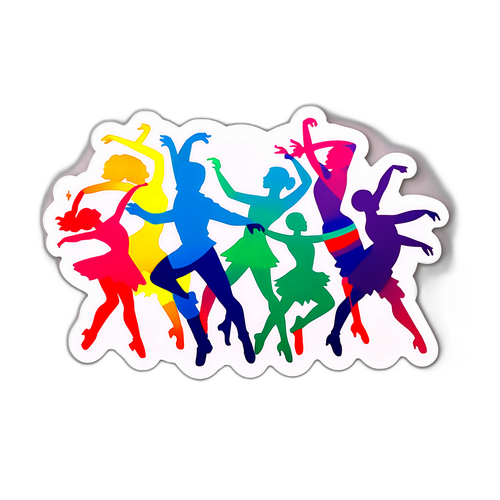 Autocollant illustrant DALS avec des silhouettes de danseurs en mouvement sur une scène colorée