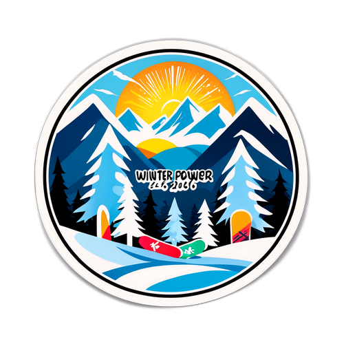 Зимовий пейзаж з сноубордами, що мерехтять на сонці, з текстом 'Winter Power 2026'