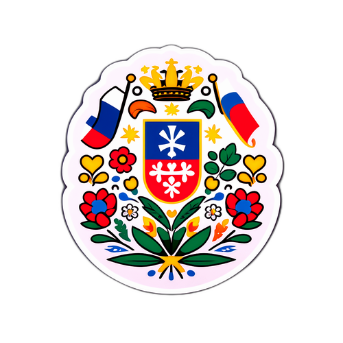 Veselá samolepka České republiky s národními symboly a folklorními prvky