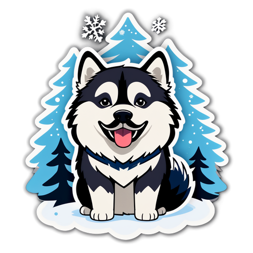 Een sticker van een Malamute met een vrolijke uitdrukking