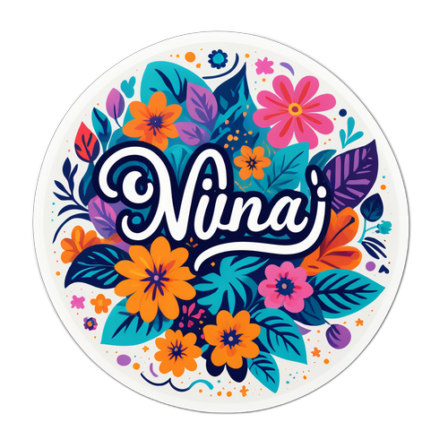 Adesivo con il nome 'Nina Ghaibi' in tipografia artistica con sfondo floreale