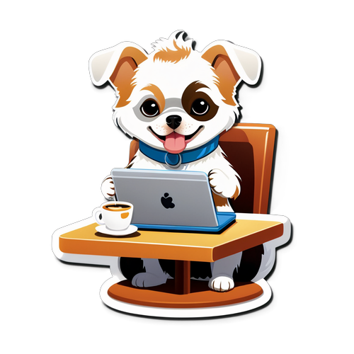 喝咖啡的小狗与笔记本电脑和书