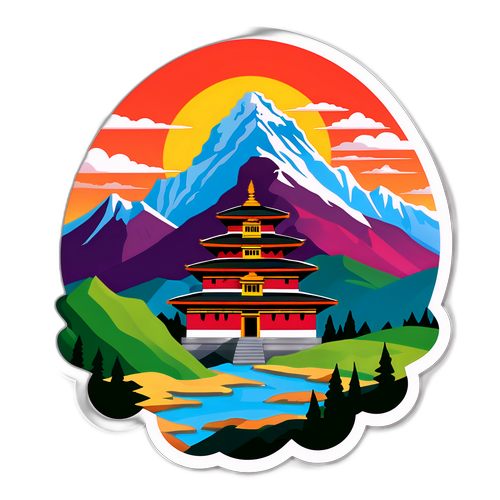 Bhutan-teemainen tarra Himalajista ja kauniista temppeleistä auringonlaskussa