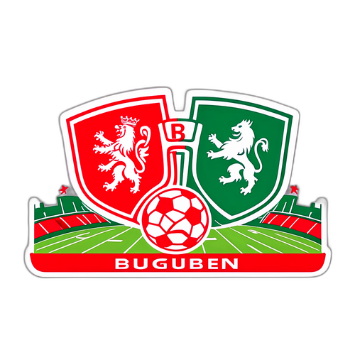 Ilustrasi Dinamik Logo Augsburg dan Bayern di Latar Belakang Padang Bola