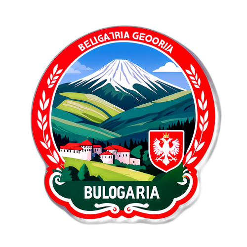 Un autocolant cu peisaj din Bulgaria și Georgia, cu simboluri naționale, exprimând 'Bulgaria - Georgia'