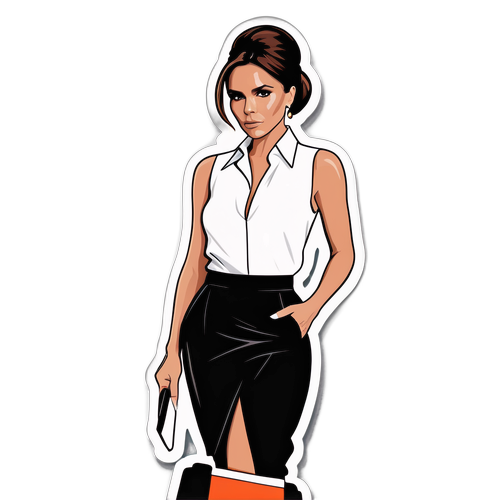 Victoria Beckham in een modieuze pose met retro achtergrond