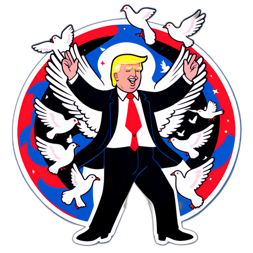 Illustration de Trump dansant avec des colombes et des graphiques de paix autour de lui
