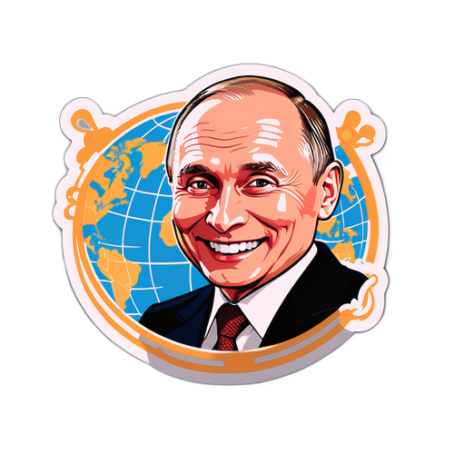 Cartoonachtige sticker van Vladimir Putin met wereldkaart
