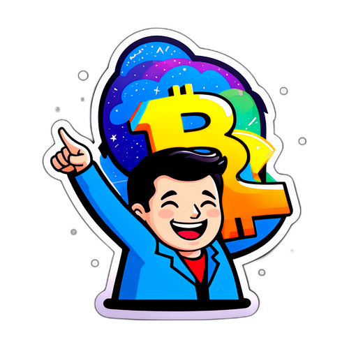 Стикер с графиком роста BTC/USD и счастливым трейдером