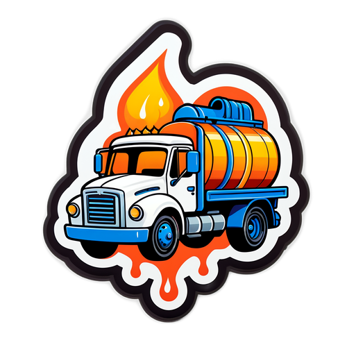 Képregény-stílusú teherautó, amely benzint szállít, olajcsepp háttérrel