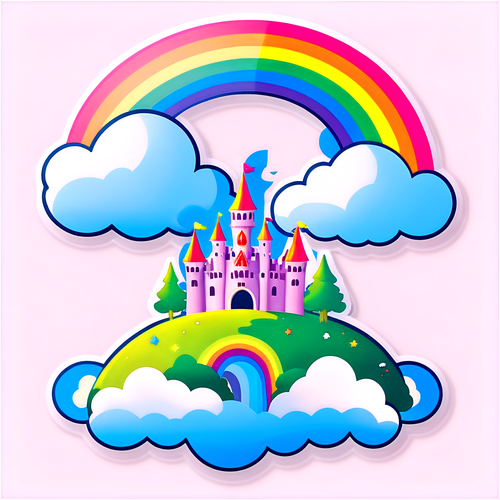 A magical fairy tale scene with a castle in the clouds and a rainbow arcing overhead