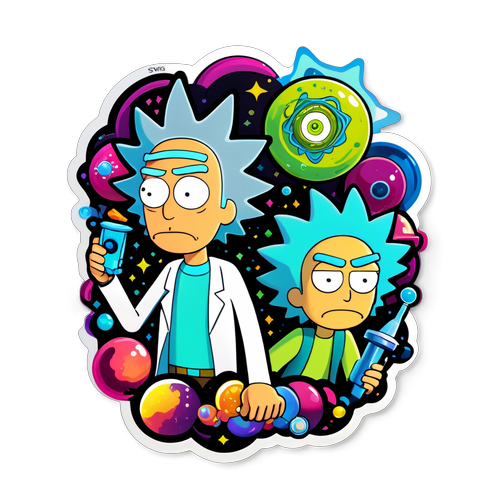 Autocollant représentant Rick et Morty voyageant à travers une dimension colorée