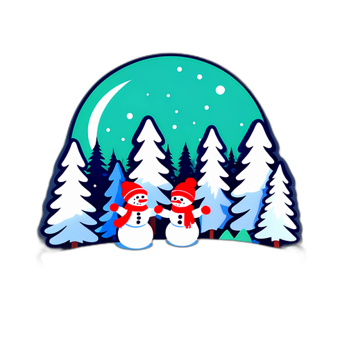 Paysage enneigé avec enfants et bonhommes de neige