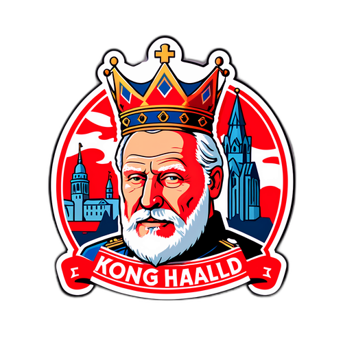 Regal design av Kong Harald med norske landemerker