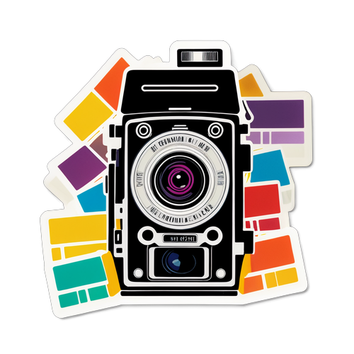Vintage Camera with Colorful Film Reels Sticker