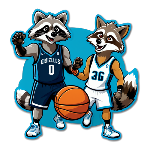 Masayang Sining ng Raccoon at Lobo na Nagtutugma sa Basketball