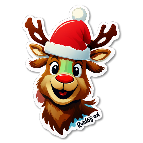 Stiker Rusa dengan Hidung Merah dan Topi Natal