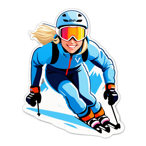 Iloinen ja energinen tarra Lindsey Vonnista laskettelemassa lumisella vuorella