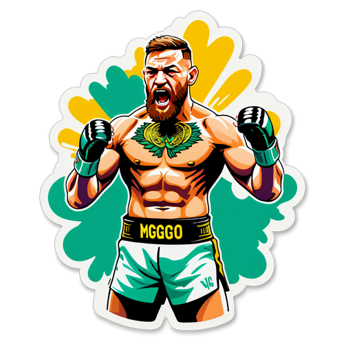 Illustrate a dynamic action scene of Conor McGregor in a fighting pose, integrated with thematic elements like a championship belt and bright colors.