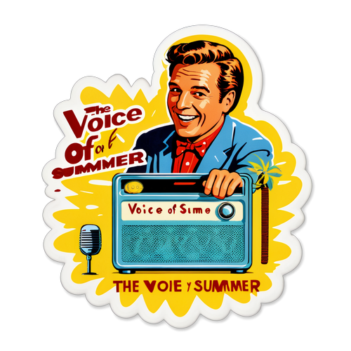 Sticker van Willem van Kooten met vintage radio en de tekst 'De stem van de zomer'