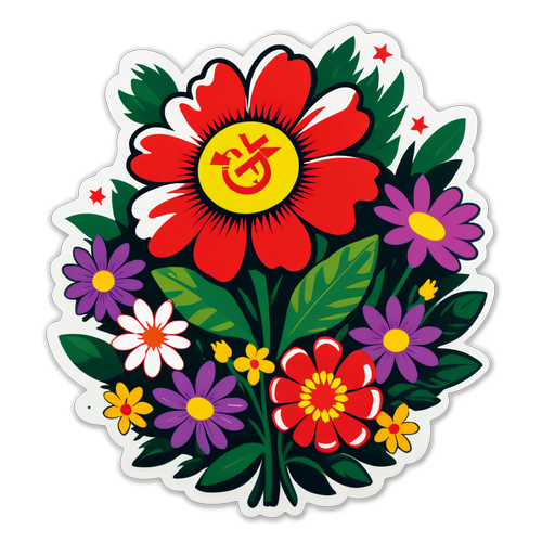 Autocollant du Parti Socialiste entouré de fleurs