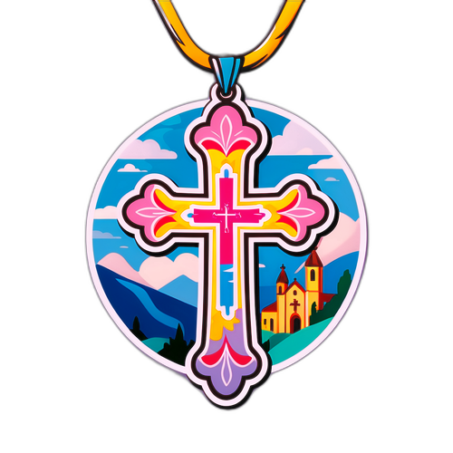 Sticker van een kruis met een ketting en Lourdes op de achtergrond