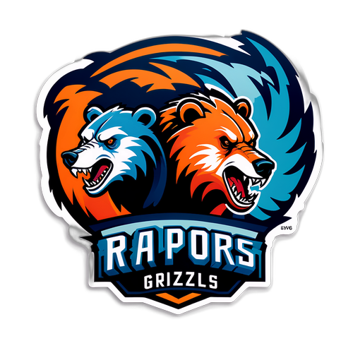 Diseño de Sticker con el Logo Estilizado de los Raptors y un Oso Grizzly en un Entorno Urbano