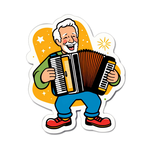 Стикер с веселым пенсионером, играющим на аккордеоне