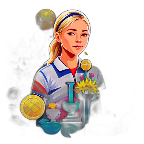Konstnärlig avbildning av Amanda Anisimova med tennis troféer och blommor