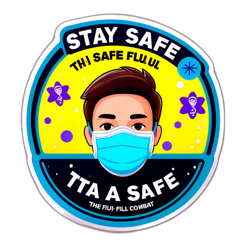 Sticker cu mască de față și mesajul 'Stay safe' pentru combaterea gripei