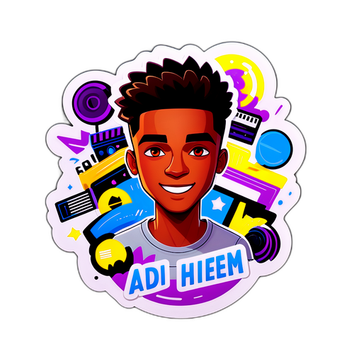 מדבקה של מנורתSpotlight על משפיען צעיר מוקף במעריצים עם 'אדי חיות' מודגש בטיפוגרפיה מודרנית