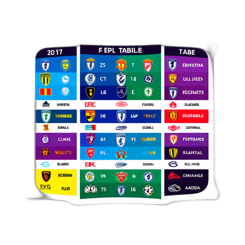एक रचनात्मक EPL टेबल स्टिकर जो शीर्ष टीमों को जीवंत रंगों और फुटबॉल आइकों के साथ हाइलाइट करता है।