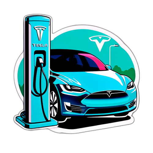 Grafik einer modernen EV-Ladestation mit einem Tesla-Auto im Vordergrund