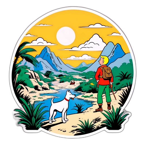 Tintin et son chien Milou dans un paysage exotique