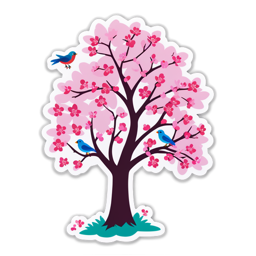 粉色樱花树和五彩缤纷的小鸟贴纸