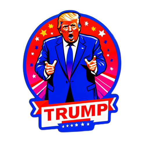 डिजाइन एक स्टिकर जिसमें ट्रम्प का गतिशील सिल्हूट रैली में बोलते हुए है, जीवंत बैकग्राउंड रंगों और बोल्ड टेक्स्ट 'अपनी आवाज़ सुनाओ!' के साथ।