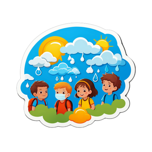 Nálepka s předpovědí počasí se dětmi pozorujícími přírodu