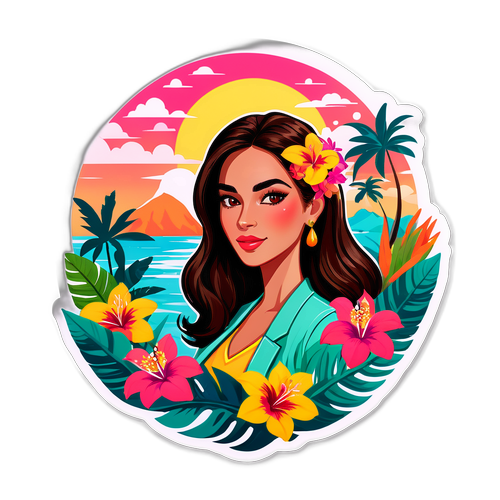 Наклейка, посвященная Наталии Сильва, с тропическим пейзажем и яркими цветами