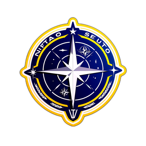 A NATO logó modern stílusban díszítve a globális biztonsági szimbólumokkal