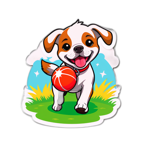 一只小狗在草地上奔跑，嘴里叼着玩具球