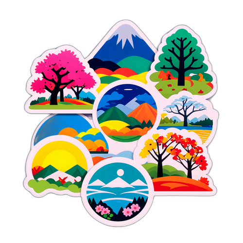 大崎市の季節の風景を描いたカラフルなステッカー