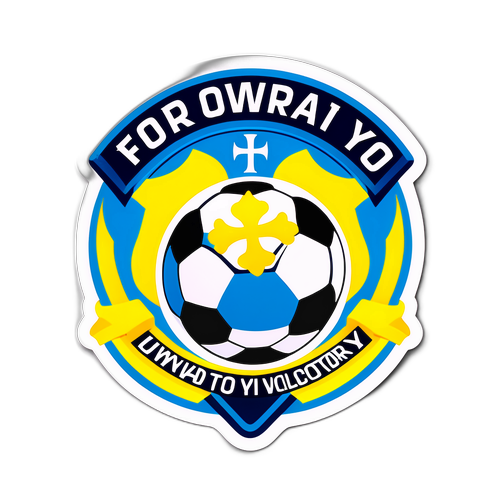 Наклейка з національним символом України та елементами футболу, з текстом "Вперед до перемоги!"