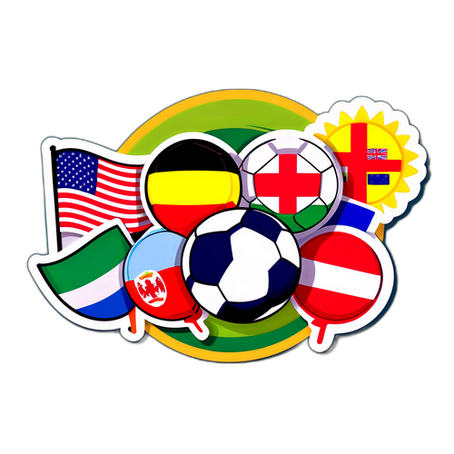 Szórakoztató, karton stílusú matricák különböző nemzetek zászlóival, akik együtt fociznak a pályán