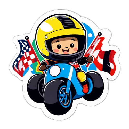 En leken klistremerke av Oliver Bearman som tegneseriefigur i racinghjelm
