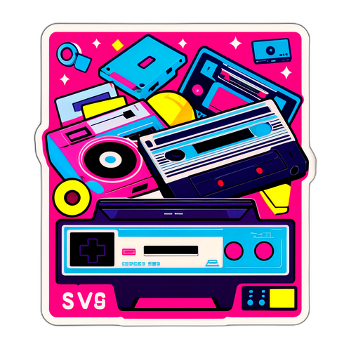 Retro-tyylinen tarra, jossa 80-luvun muoti ja ikoniset tuotteet